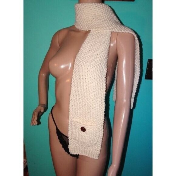 Vintage Ivory Hand Crocheted Scarf w/ Pockets pinup retro rockabilly winter knit - Picture 2 of 8